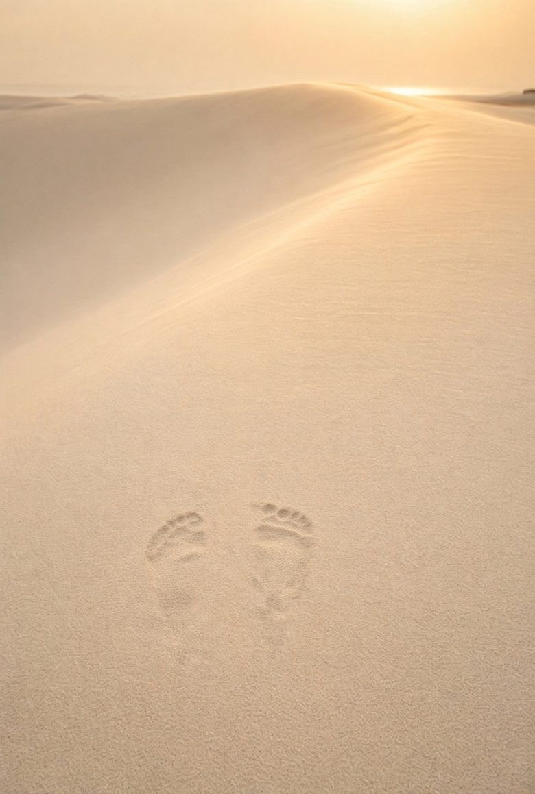 A pair of bare footprints in pale sand, standing still, the dune ridge lit by low sun beyond.